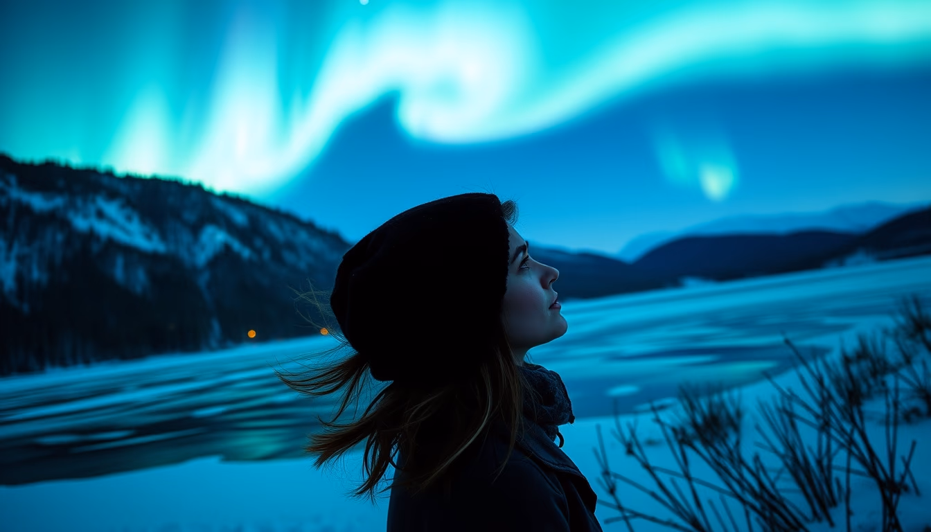 aurora over snow lake in editorial style