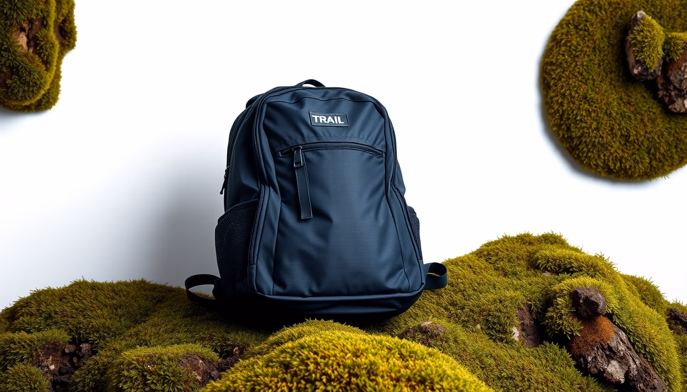 backpack on trail moss in editorial style