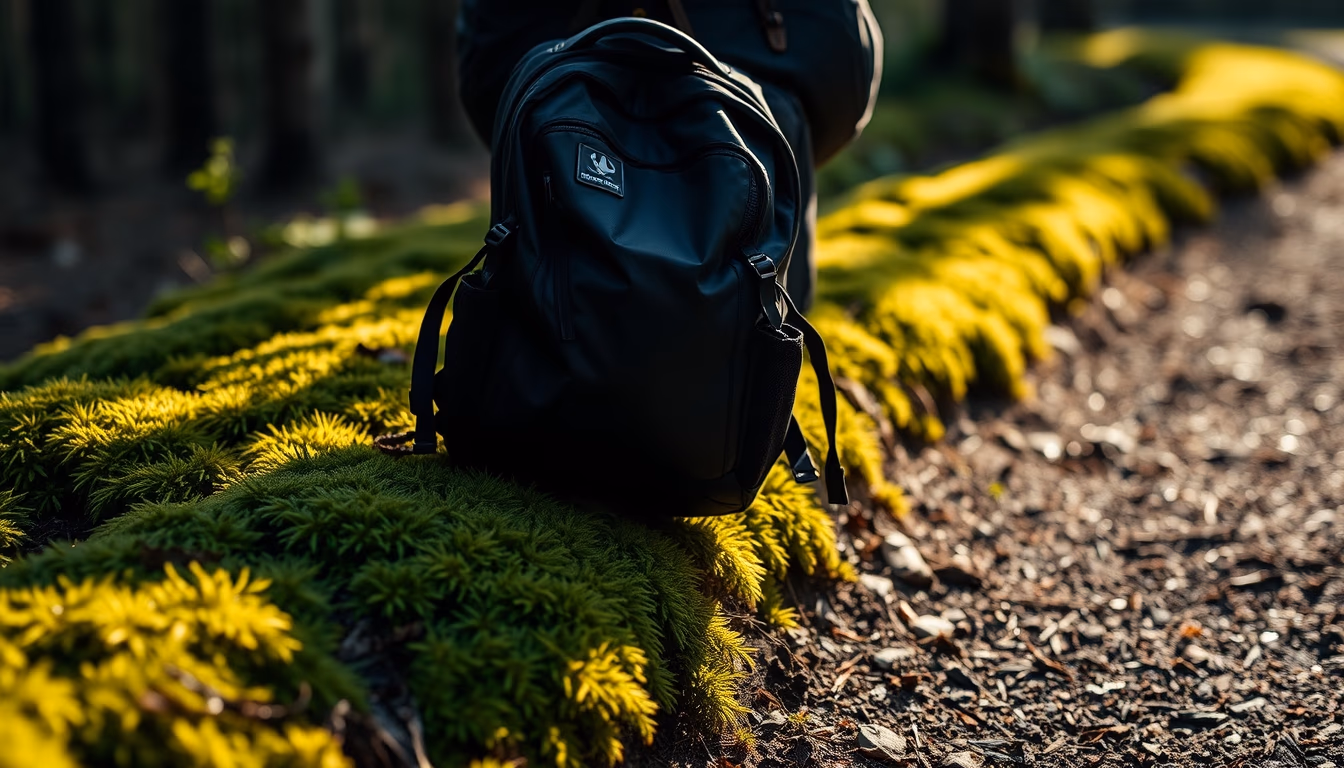 backpack on trail moss in editorial style