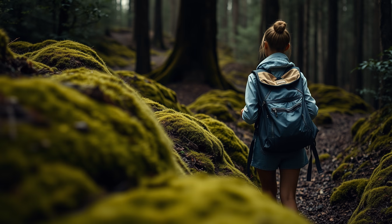 backpack on trail moss in editorial style