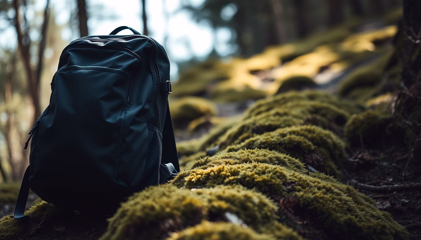 backpack on trail moss in editorial style