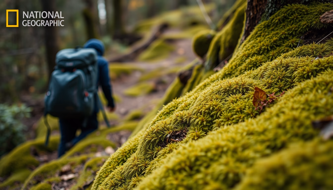 backpack on trail moss in editorial style
