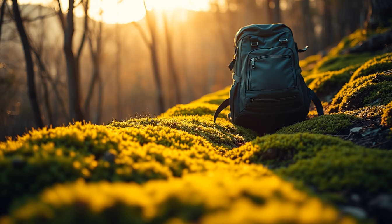 backpack on trail moss in editorial style