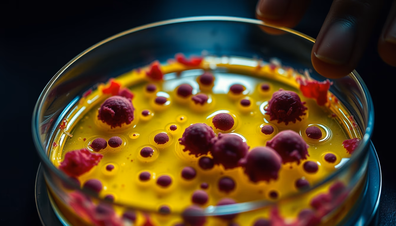 bacterial colony petri dish in editorial style