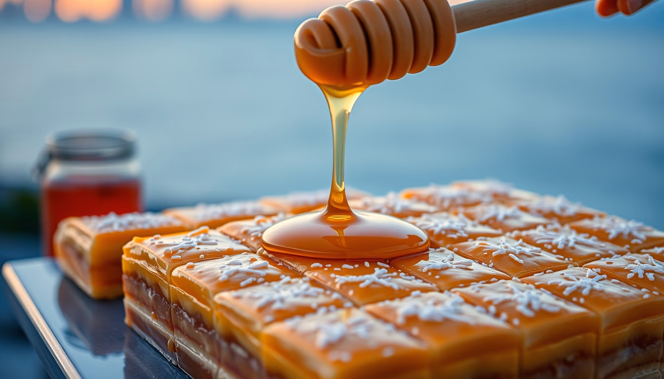 baklava layered honey in editorial style
