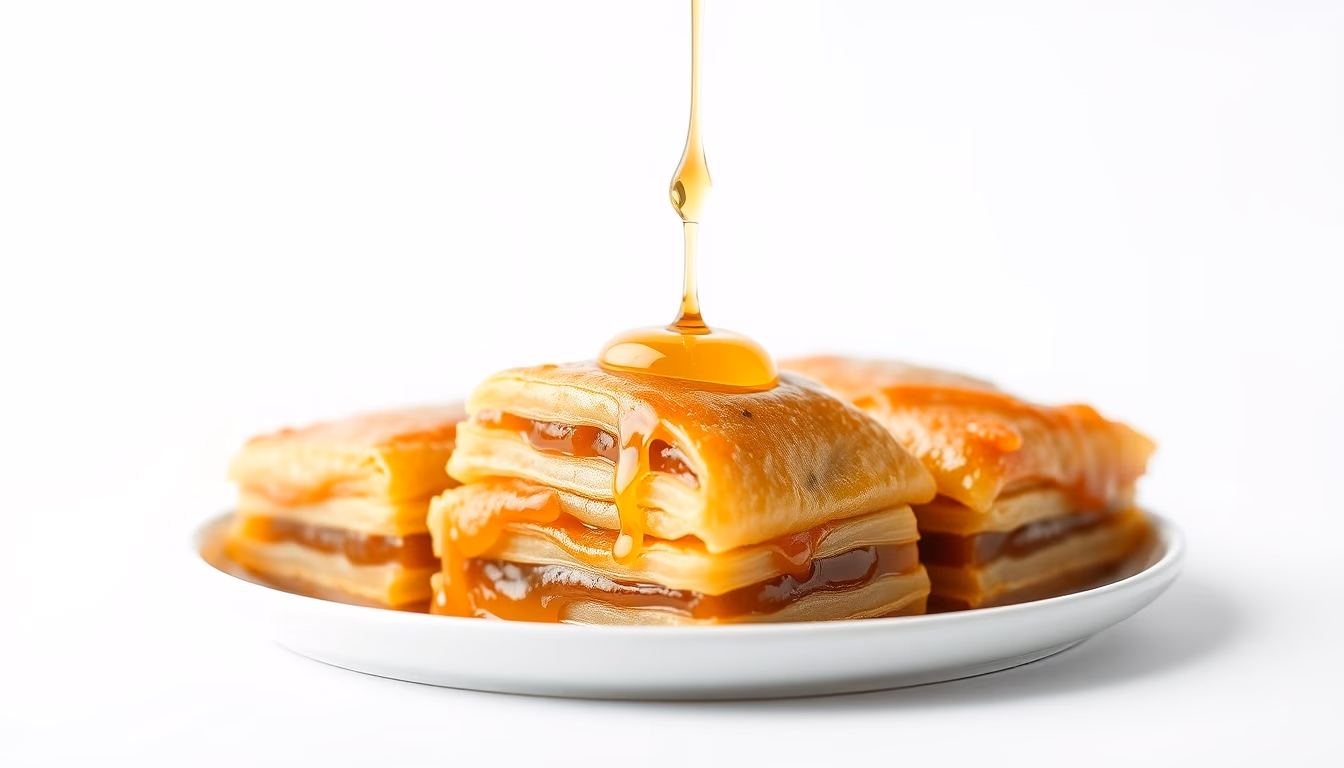 baklava layered honey in editorial style