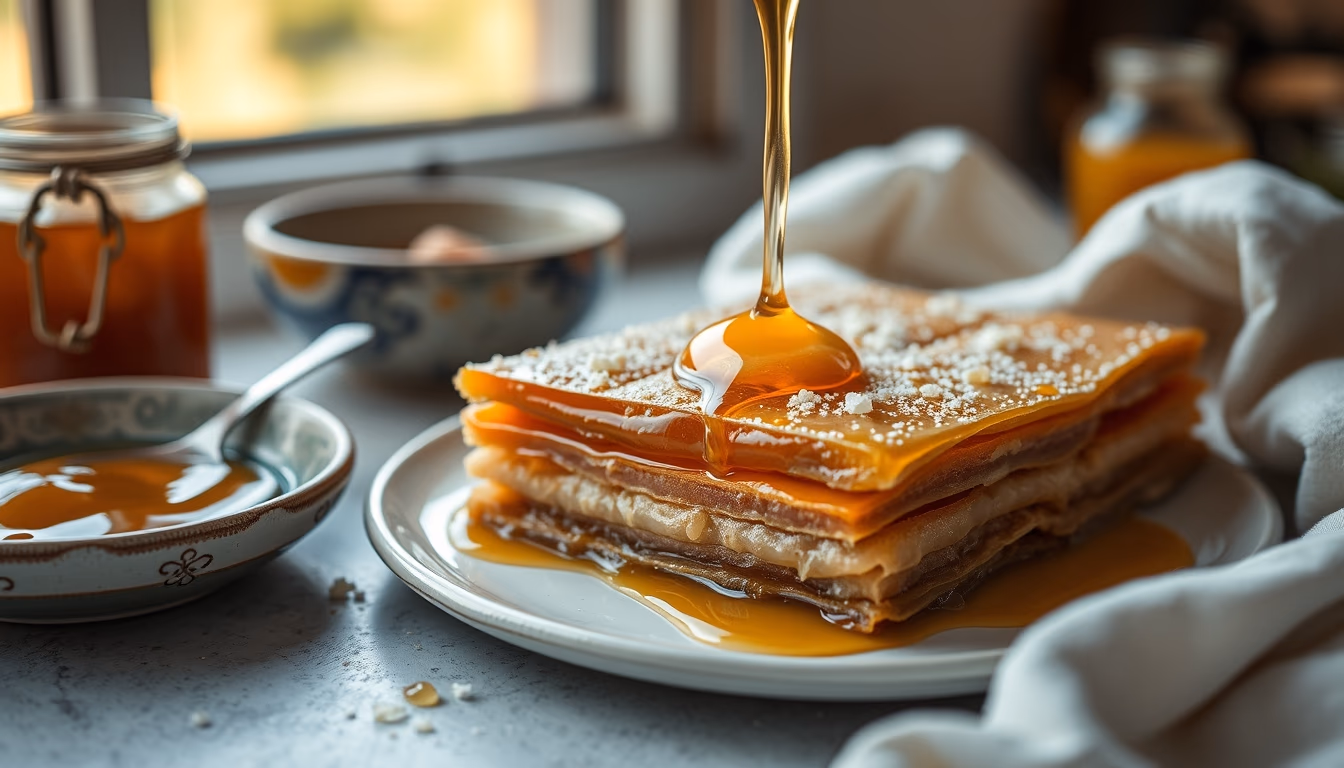 baklava layered honey in editorial style