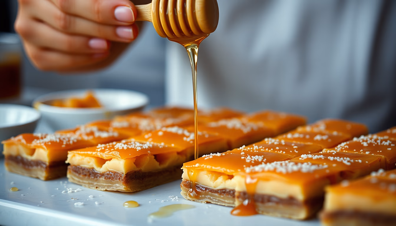 baklava layered honey in editorial style