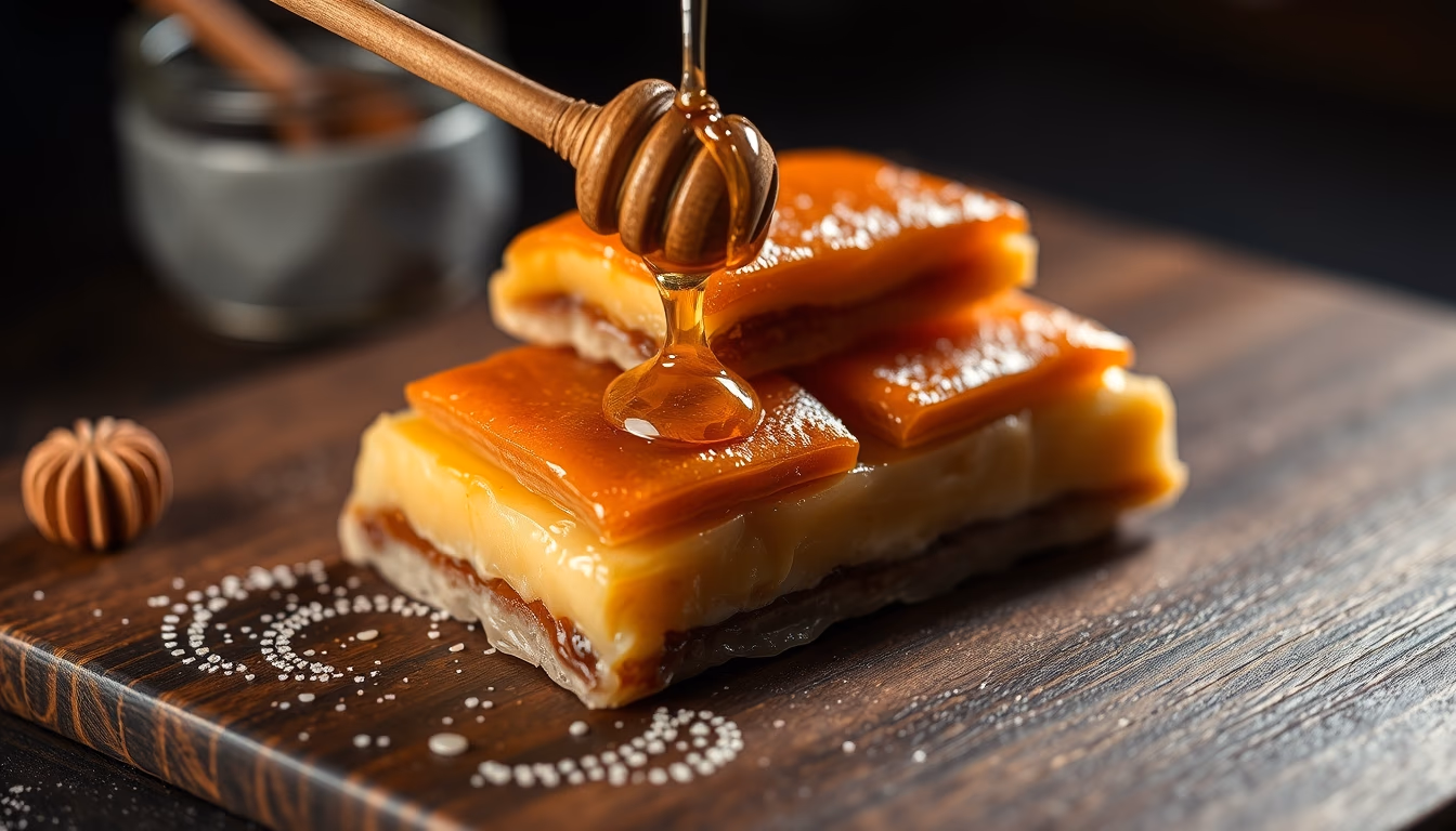 baklava layered honey in editorial style
