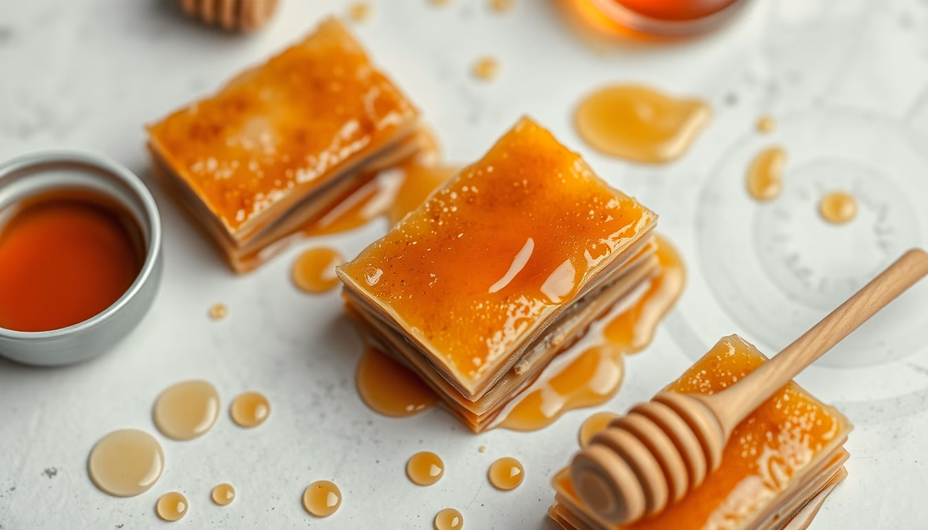 baklava layered honey in editorial style