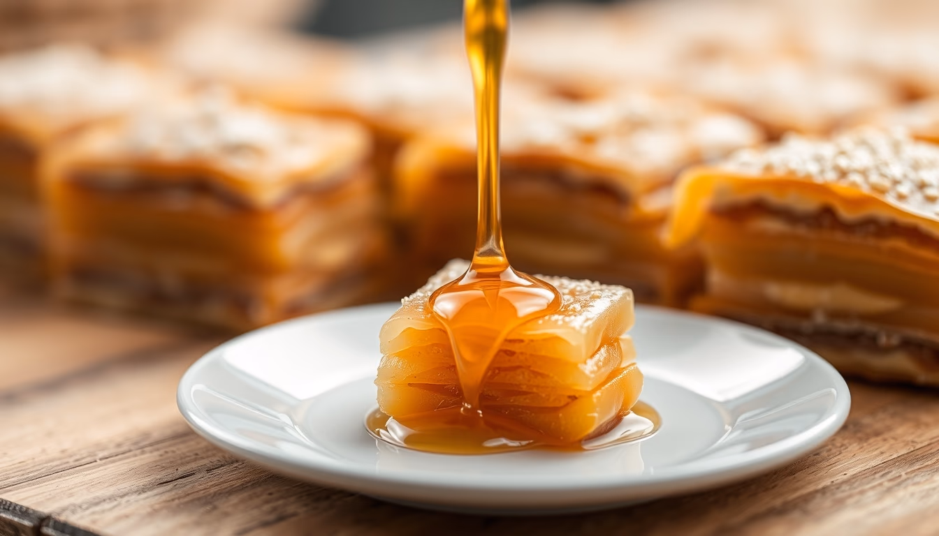 baklava layered honey in editorial style