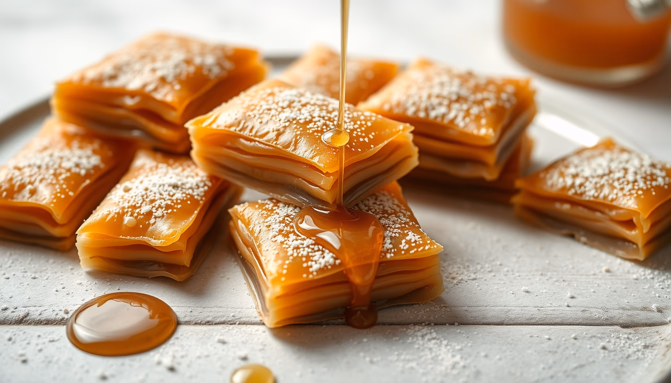 baklava layered honey in editorial style