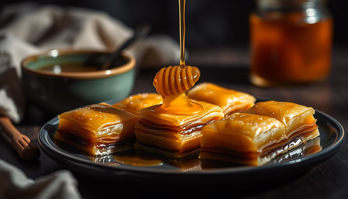 baklava layered honey in editorial style