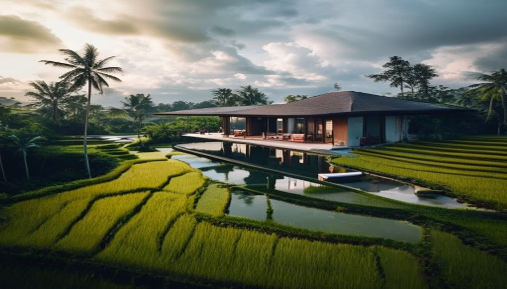 Bali infinity villa rice paddy em fotografia editorial de luxo