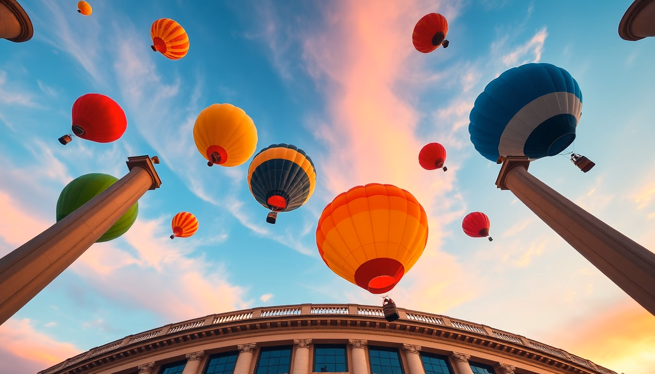 balloons colorful sky in editorial style