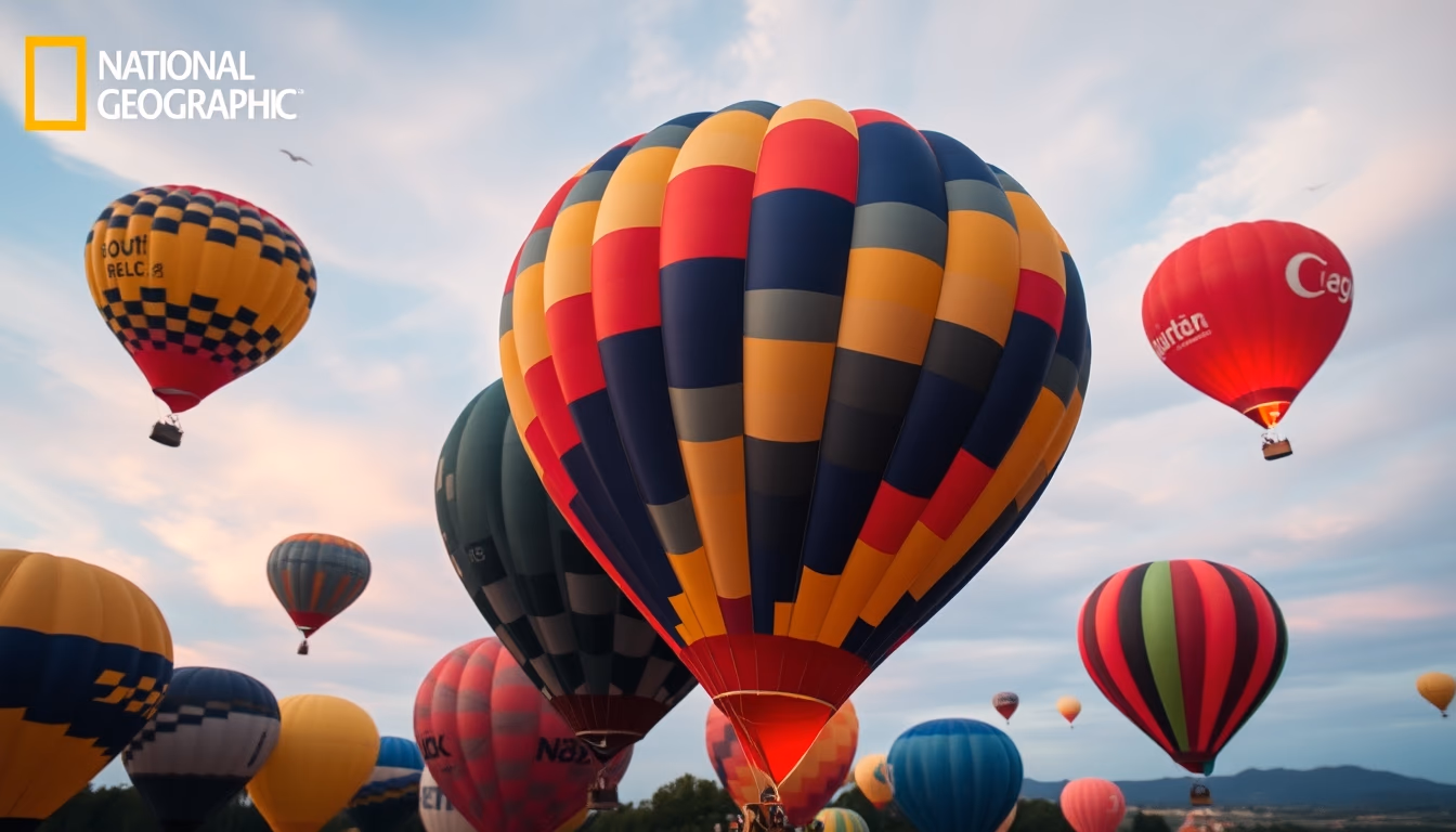 balloons colorful sky in editorial style