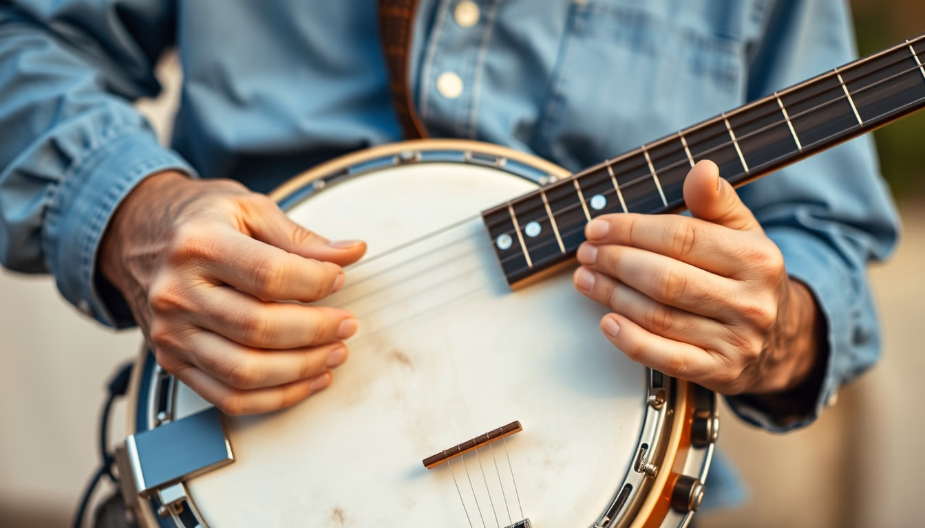 banjo five string in editorial style