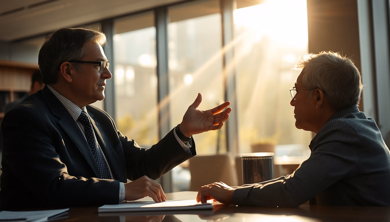 banker explaining interest rate to a client in editorial style