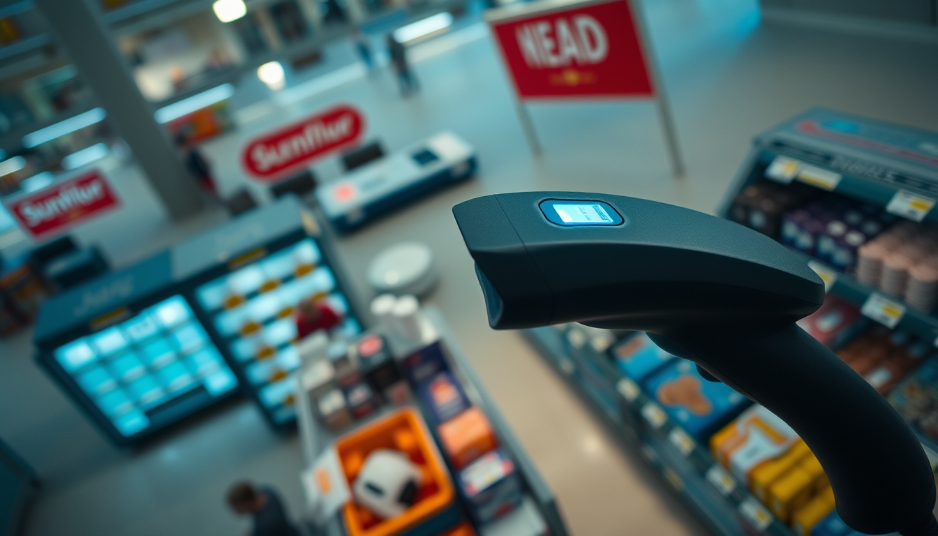 barcode scanner at checkout in editorial style