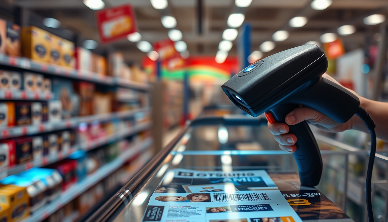 barcode scanner at checkout in editorial style