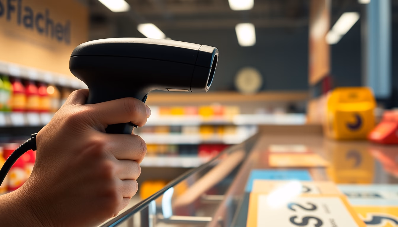 Barcode scanner at checkout em estilo editorial