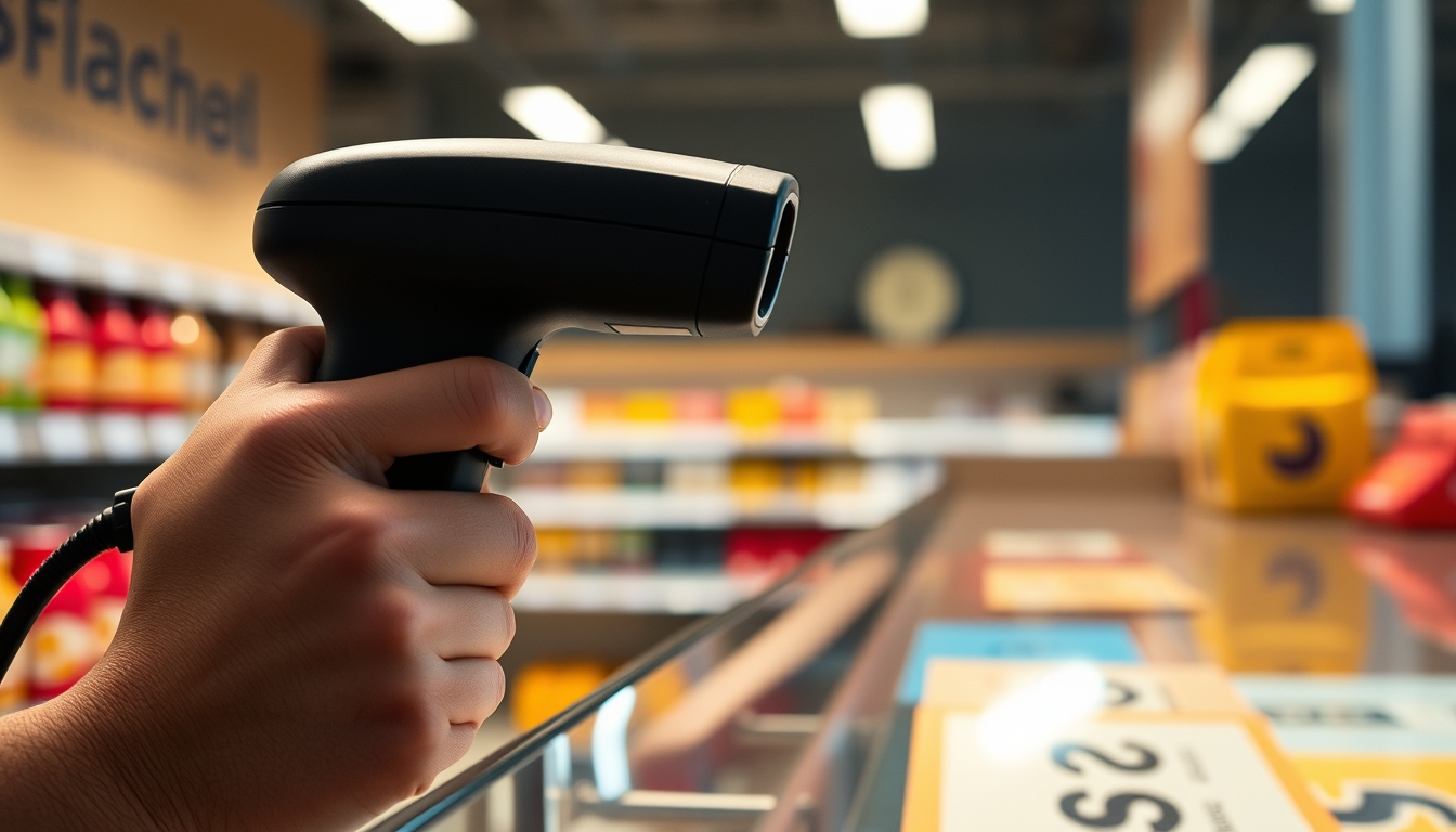barcode scanner at checkout in editorial style