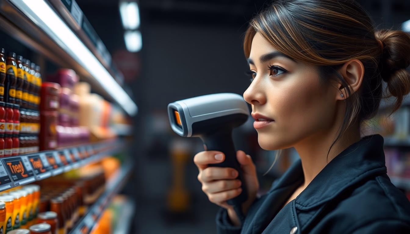 Barcode scanner at checkout em estilo editorial