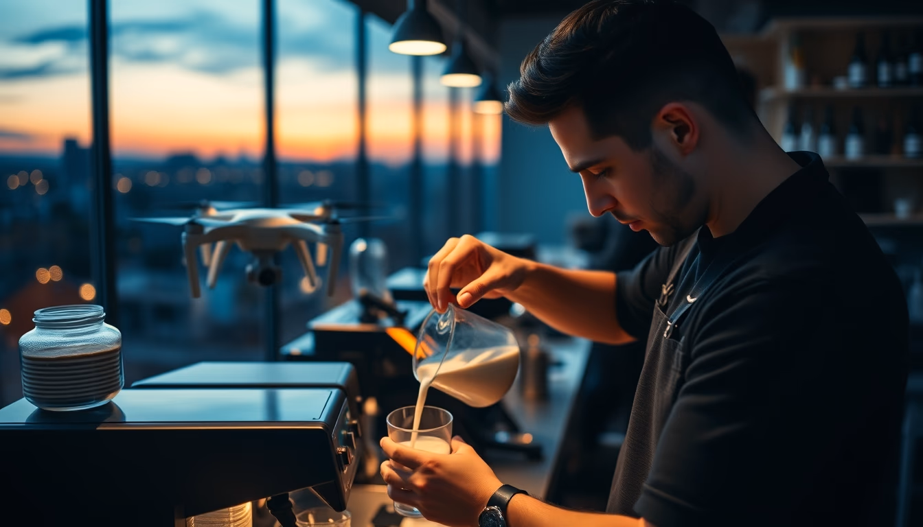 barista pouring milk in editorial style