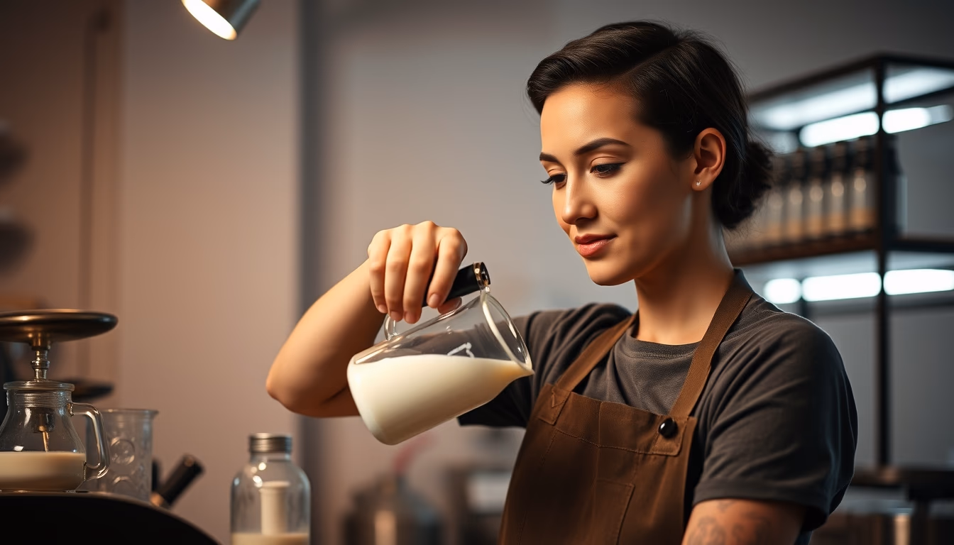 barista pouring milk in editorial style