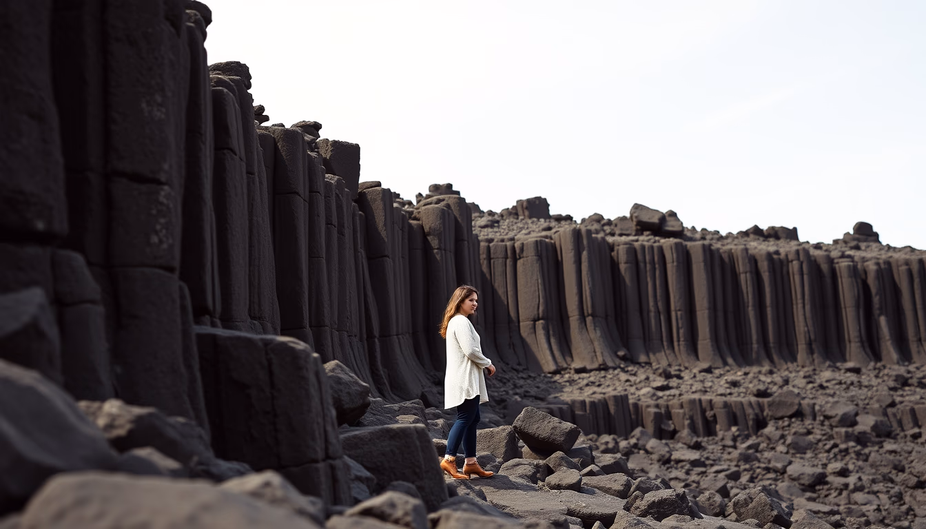 basalt columnar formations in editorial style