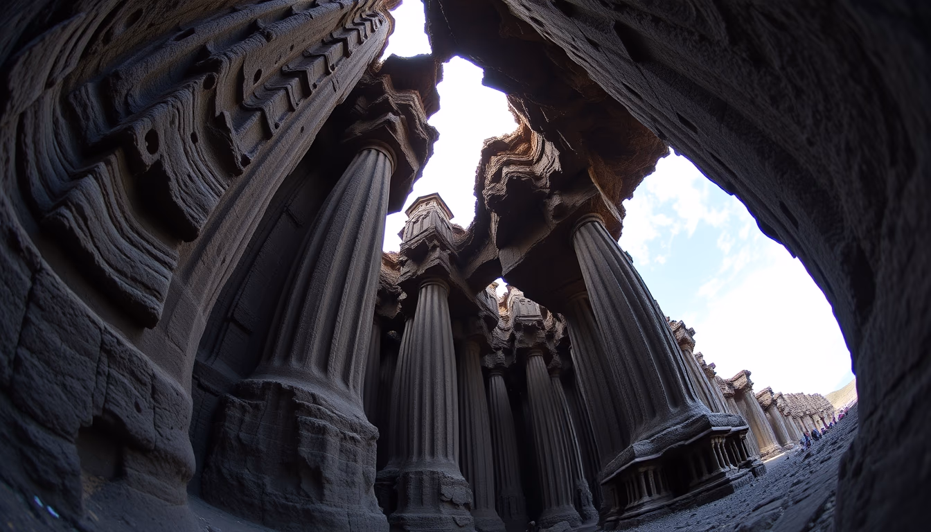 basalt columnar formations in editorial style