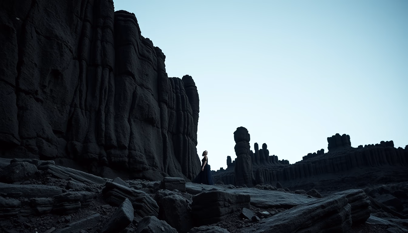 basalt columnar formations in editorial style