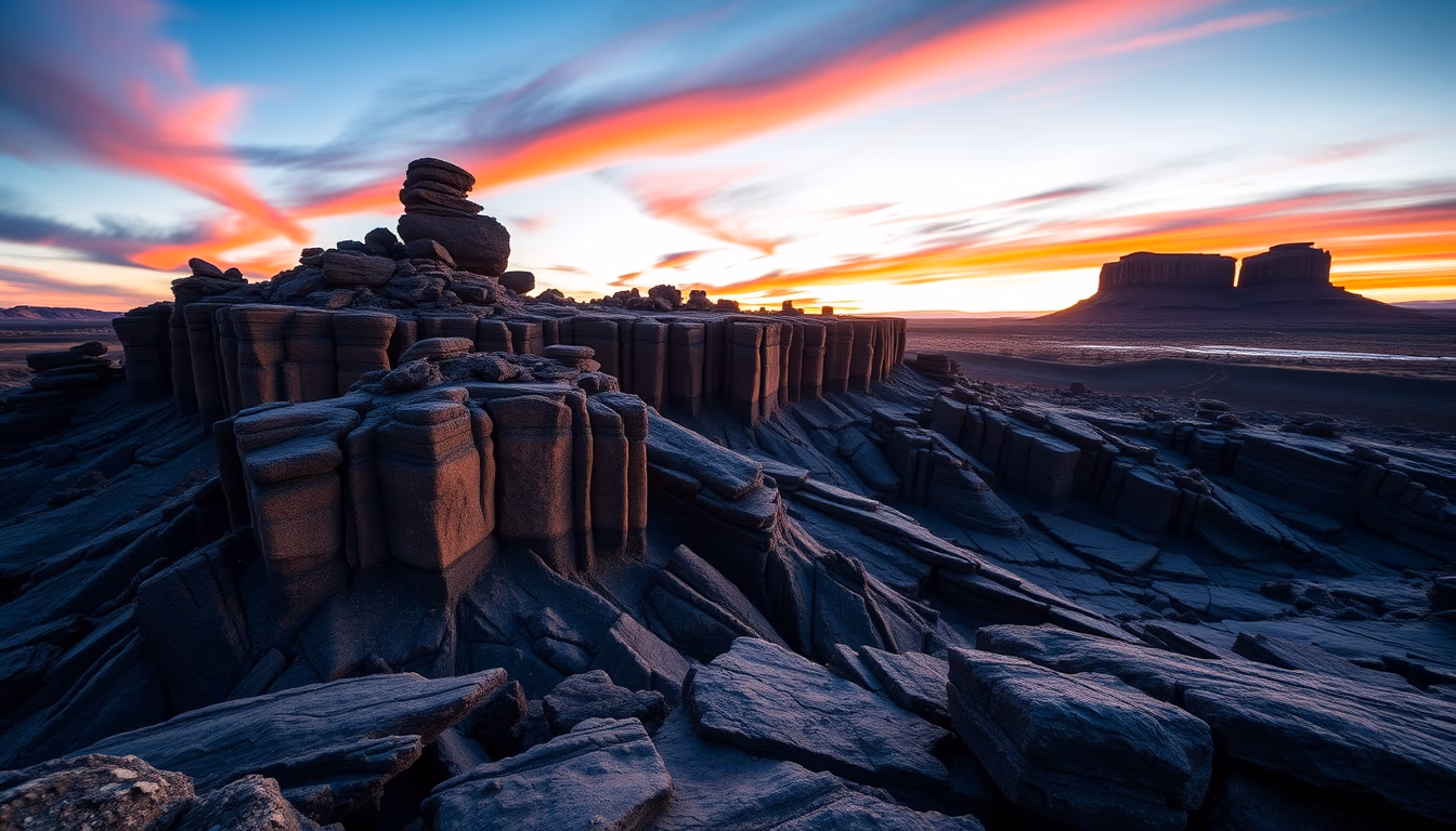 basalt columnar formations in editorial style