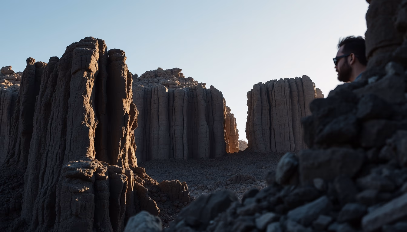 basalt columnar formations in editorial style