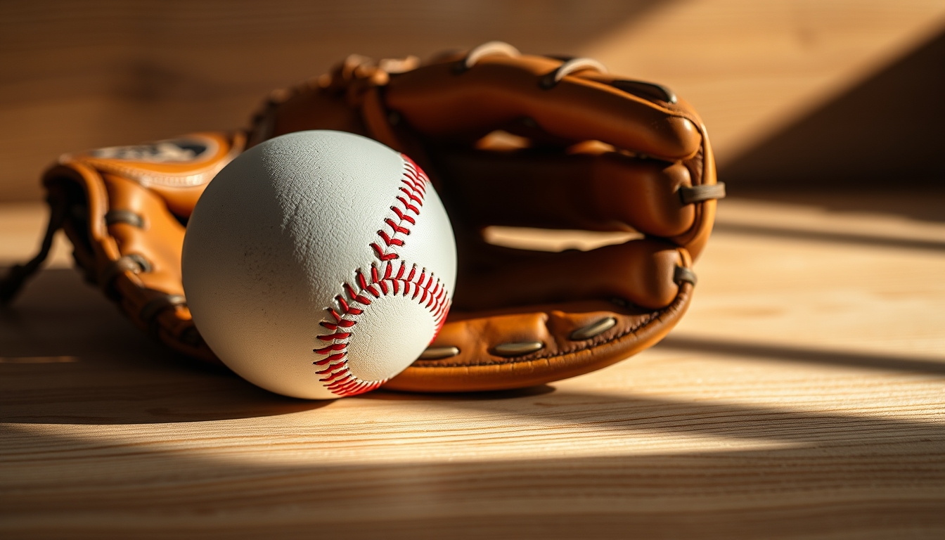 baseball mitt and ball wooden in editorial style