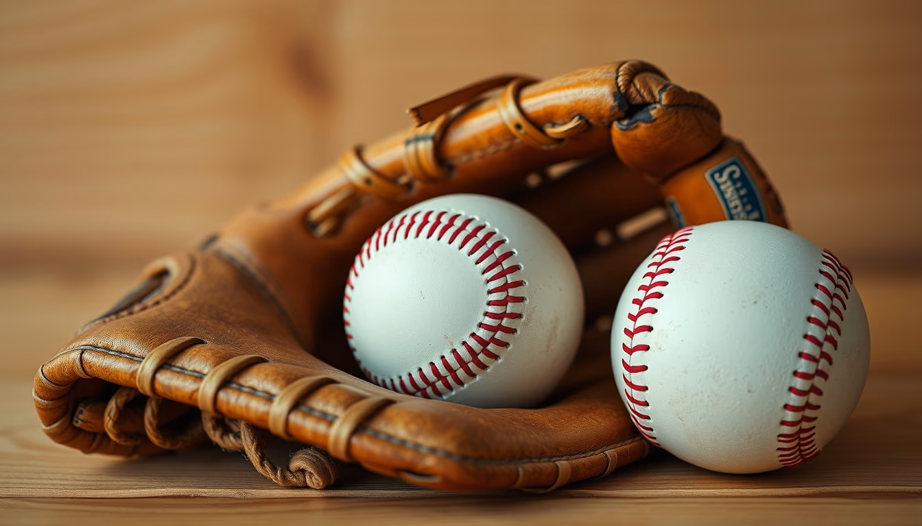 baseball mitt and ball wooden in editorial style