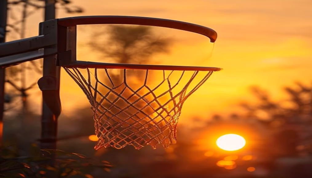 basketball hoop sunset in editorial style