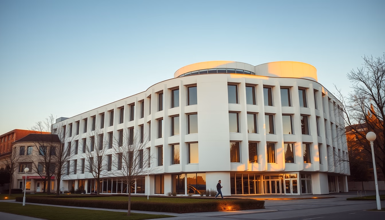 bauhaus building exterior in editorial style