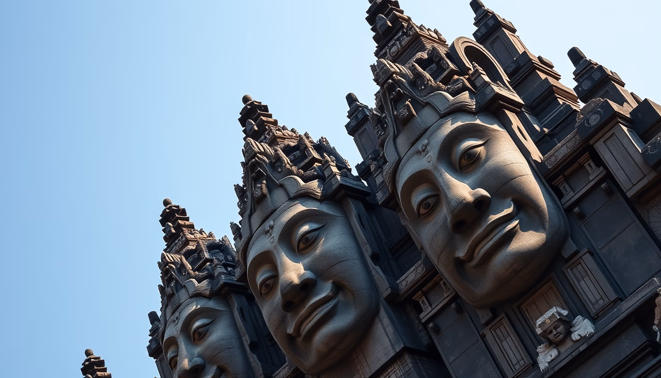 bayon temple faces in editorial style