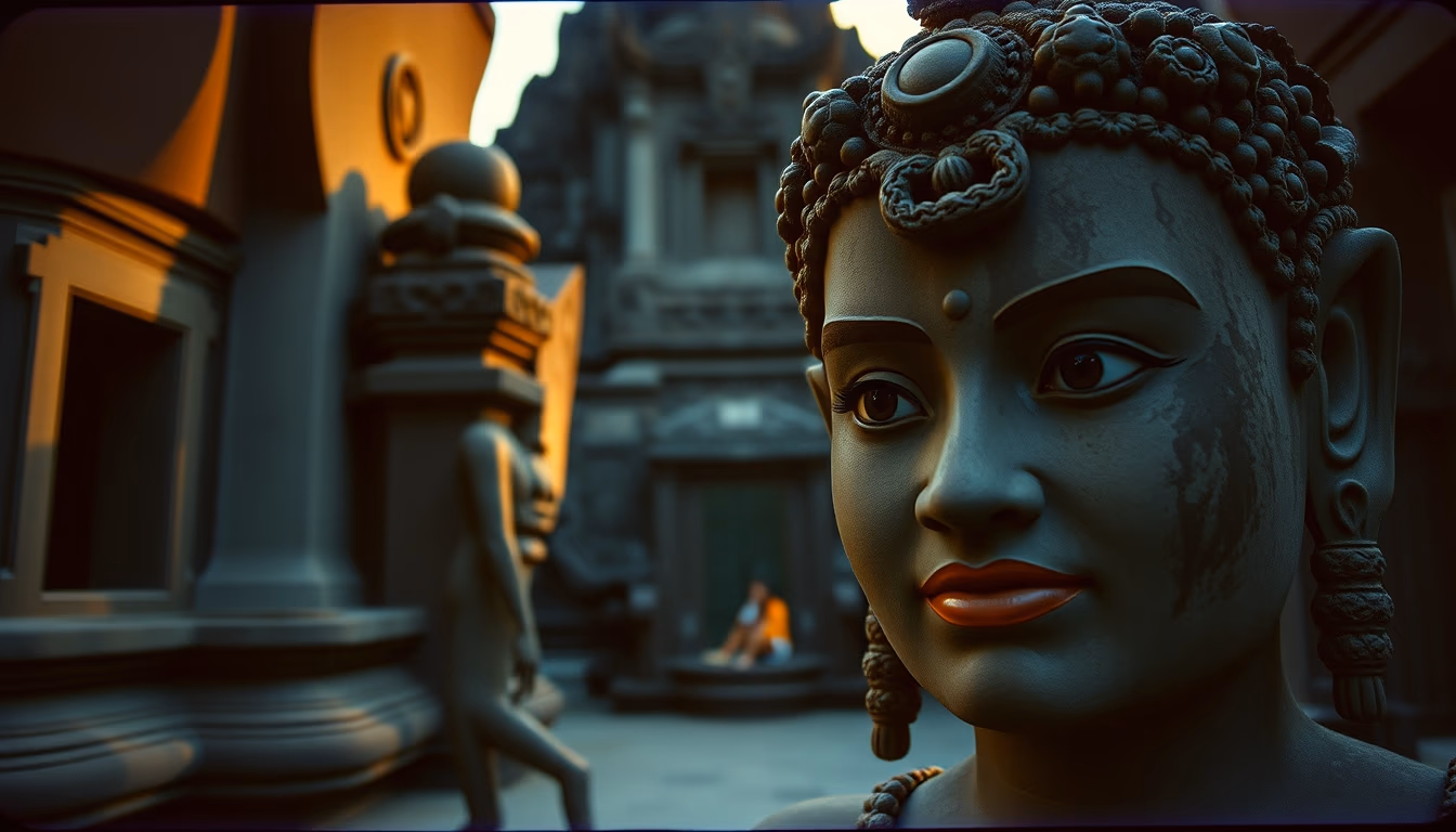 bayon temple faces in editorial style