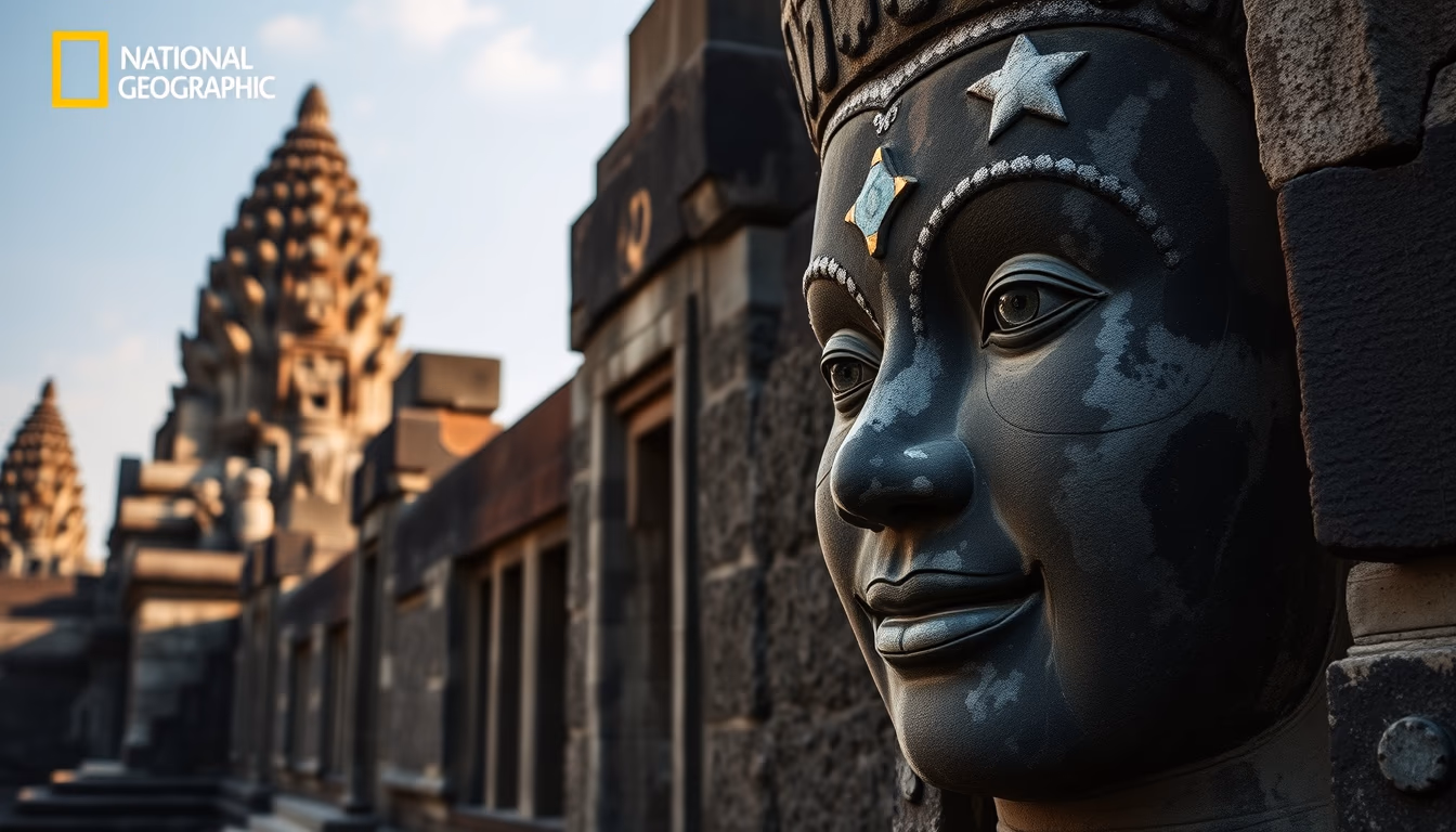 bayon temple faces in editorial style