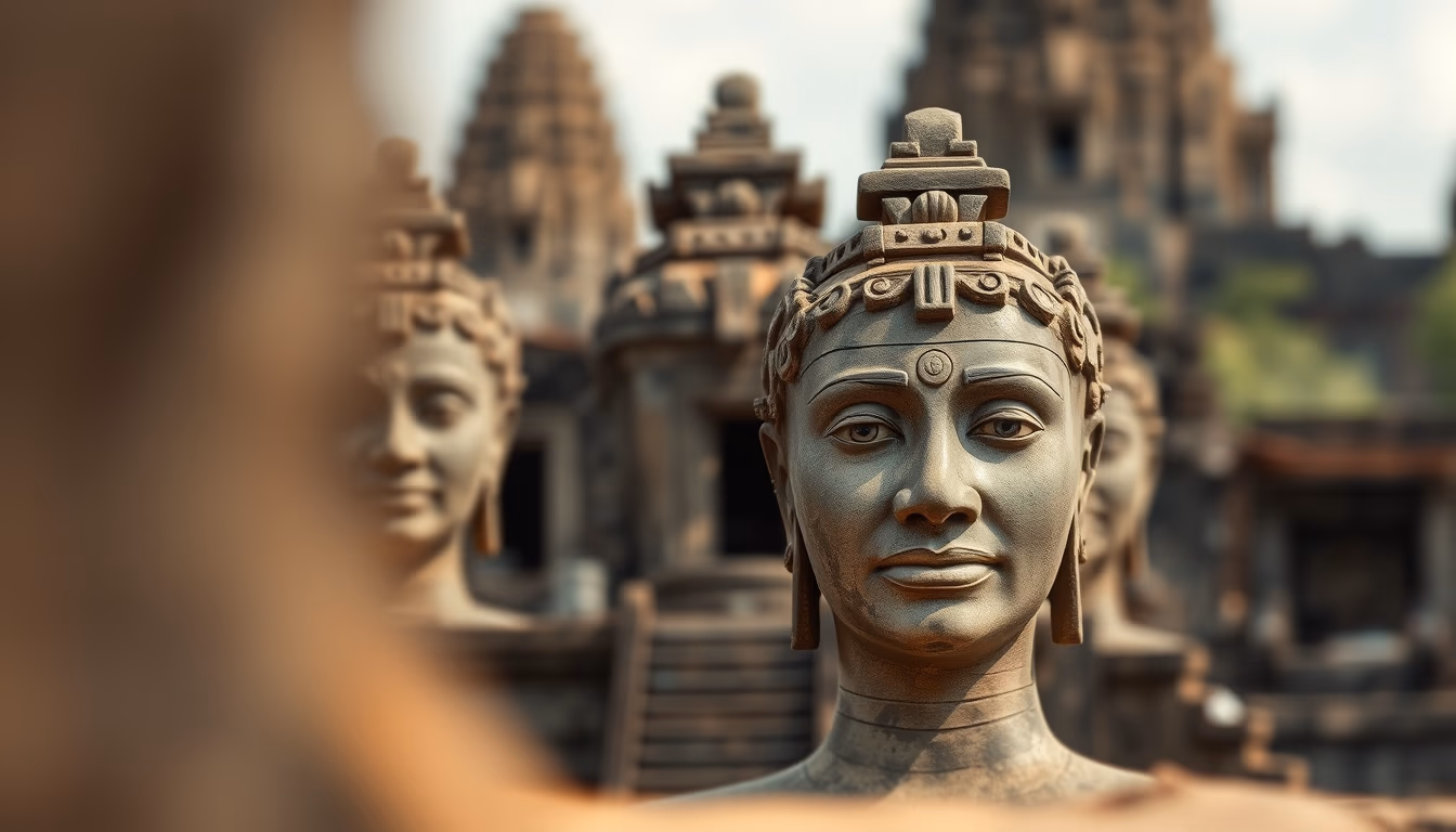 bayon temple faces in editorial style