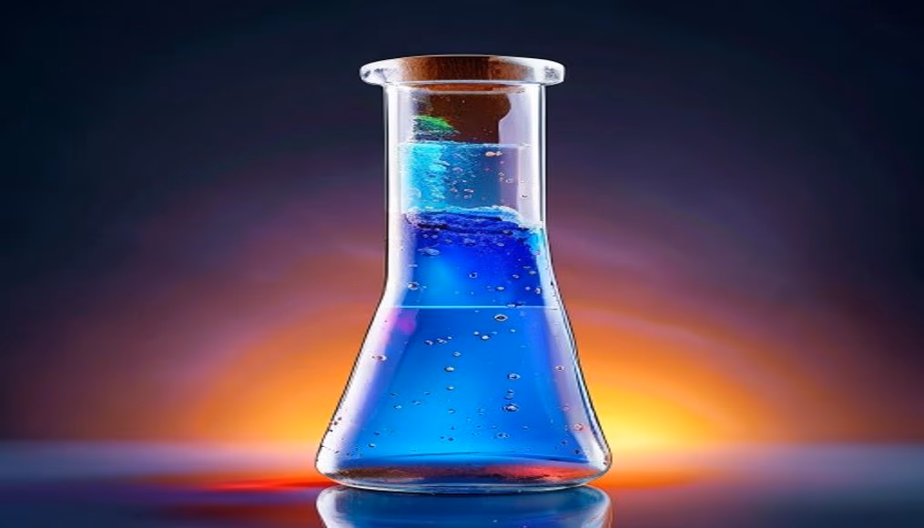 beaker with colored chemicals in editorial style