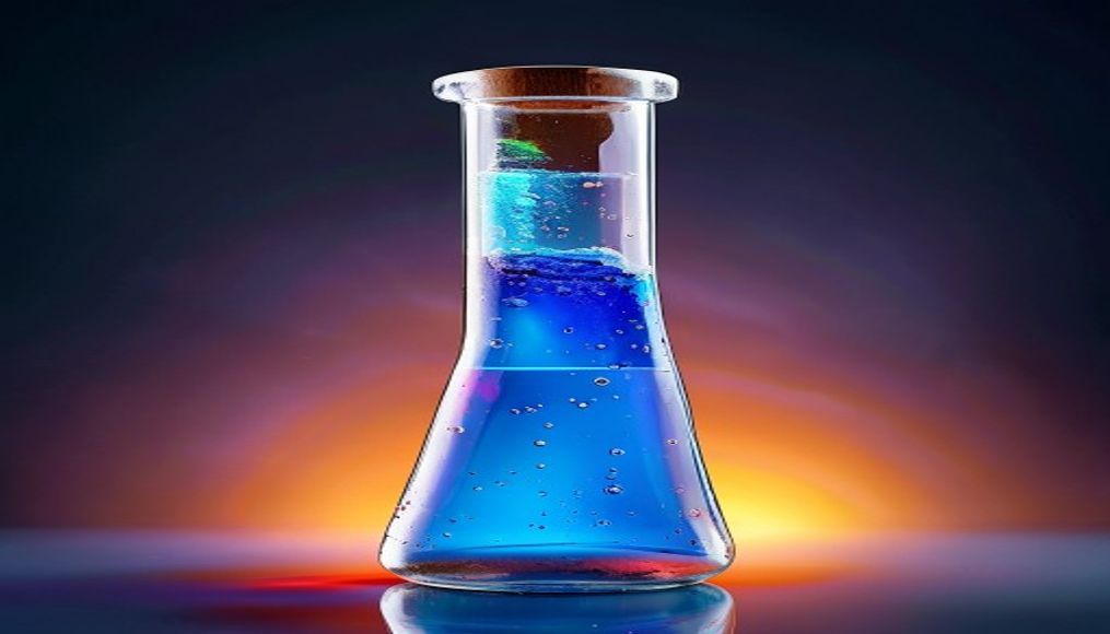 Béquer com químicos coloridos em estilo editorial
