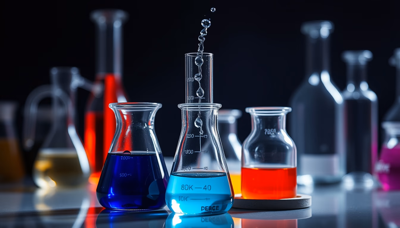 Béquer com químicos coloridos em estilo editorial