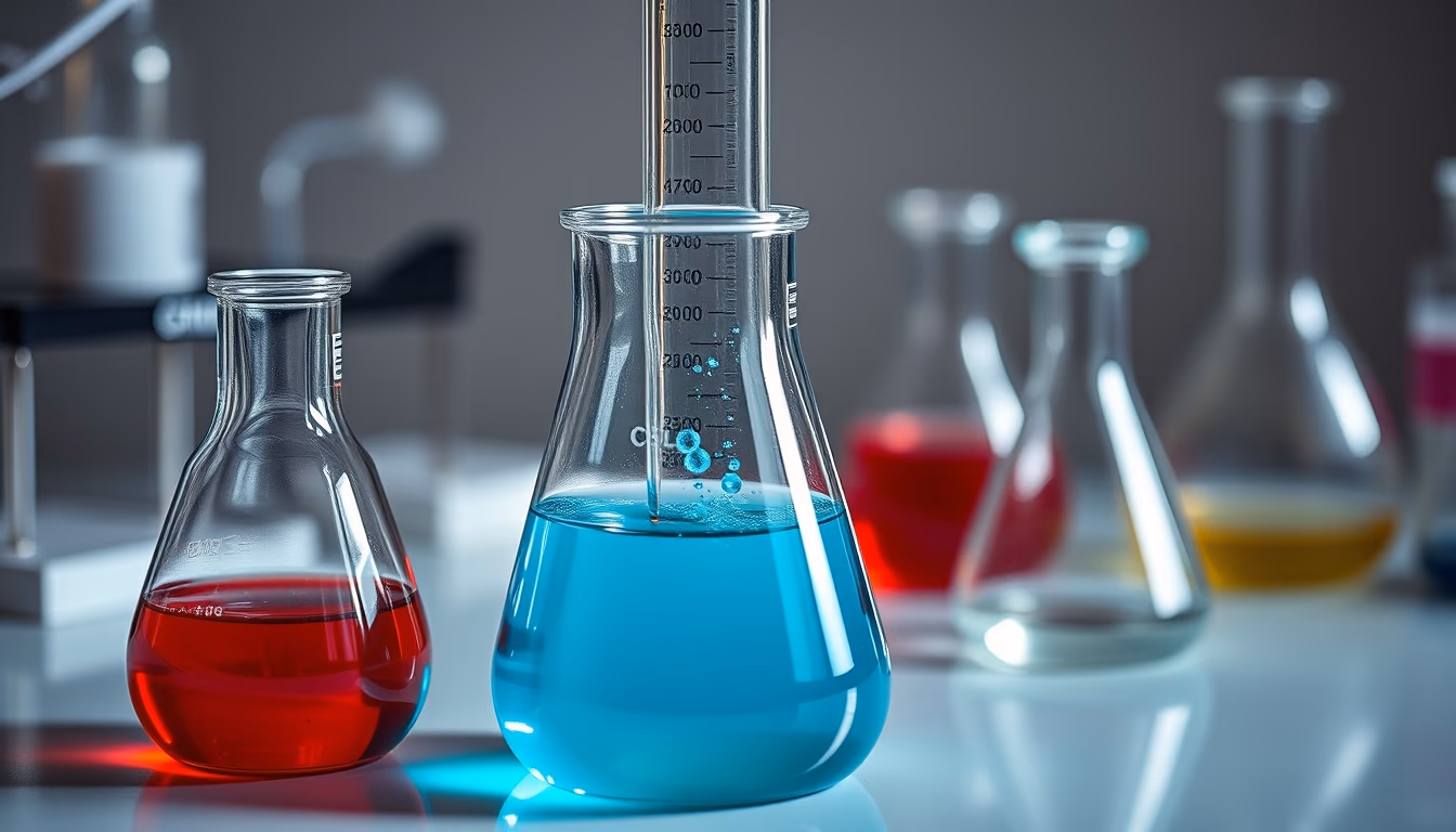 Béquer com químicos coloridos em estilo editorial