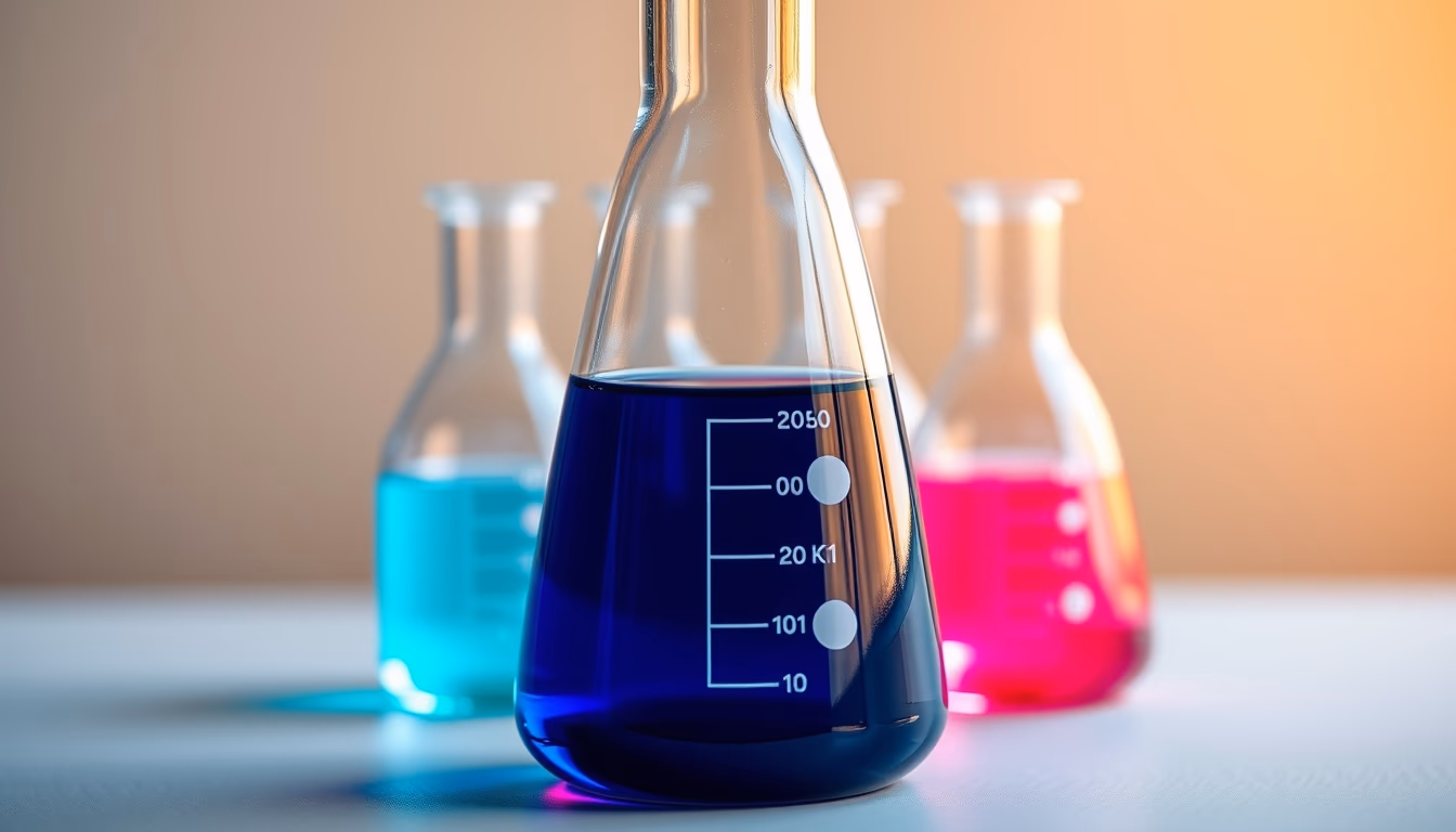 Béquer com químicos coloridos em estilo editorial