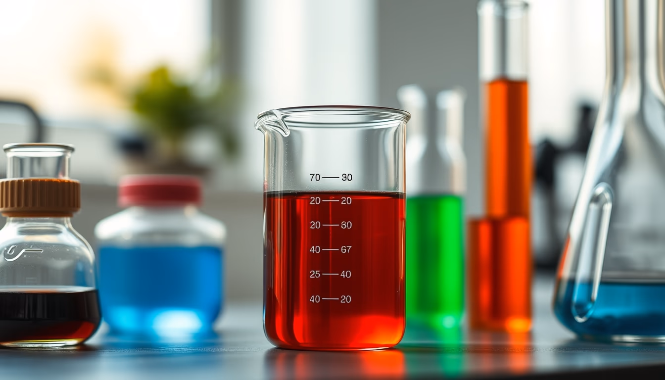 Béquer com químicos coloridos em estilo editorial