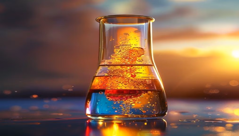 beaker with colored chemicals in editorial style