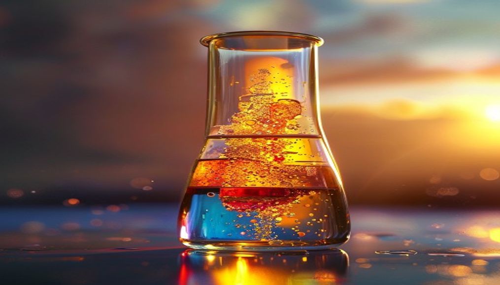 beaker with colored chemicals in editorial style